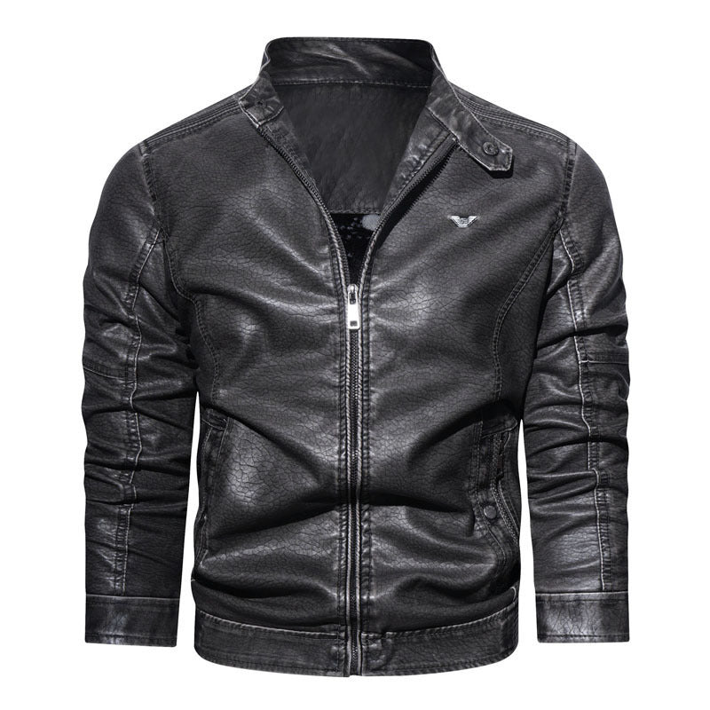 Men's washed synthetic leather pilot bomber jacket with textured surface and ergonomic sleeve seams Mune Fashion