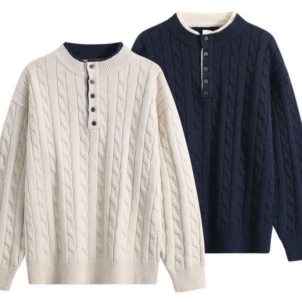 Unisex Oversize Braid Knit Henley Sweater with Button Placket and Ribbed Hem Mune Fashion