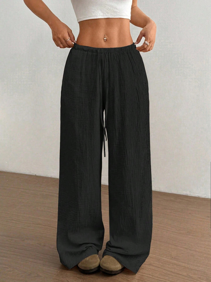Women Lightweight Linen Look Pants with Wide Leg, Elastic Waistband and Drawstring Mune Fashion