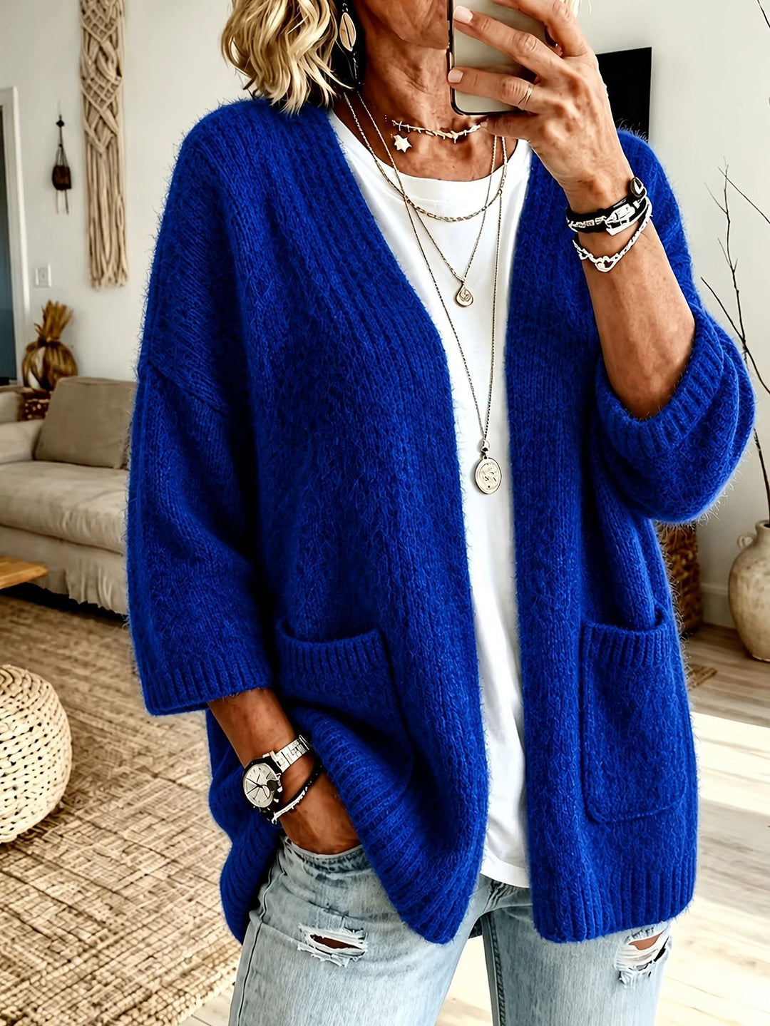 Women's Open Long Cardigan in Mohair Look with Patch Pockets and Dropped Shoulder Mune Fashion