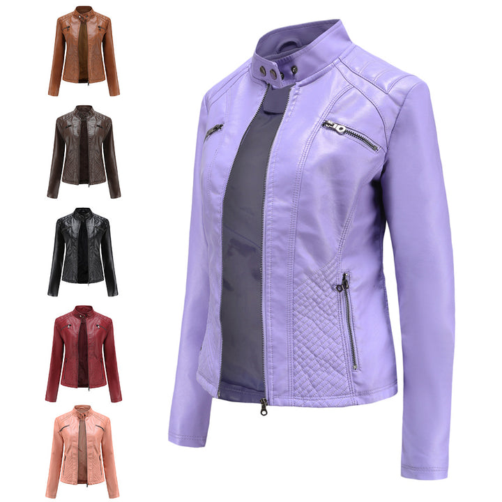 Women tailored biker jacket made of faux leather with quilted panels and stand-up collar Mune Fashion