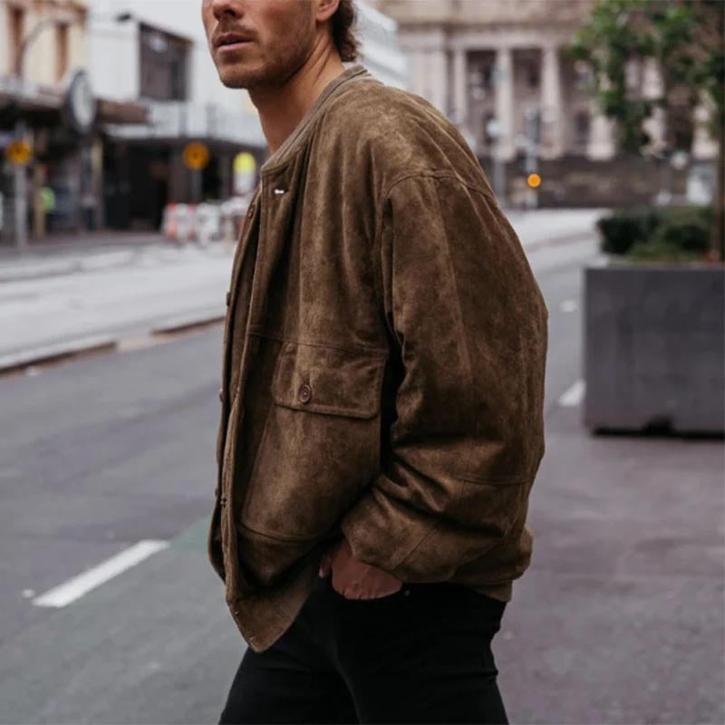 Men's Oversized Suede-Look Bomber Jacket with Checked Lining and Button Closure Mune Fashion