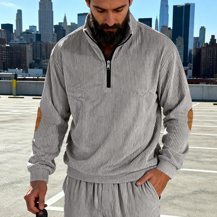 Men's cord structure half-zip pullover in relaxed fit with stand-up collar and elbow patch Mune Fashion