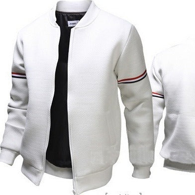 Men's structured bomber jacket with stand-up collar, ribbed cuffs, and contrast strips on sleeves Mune Fashion