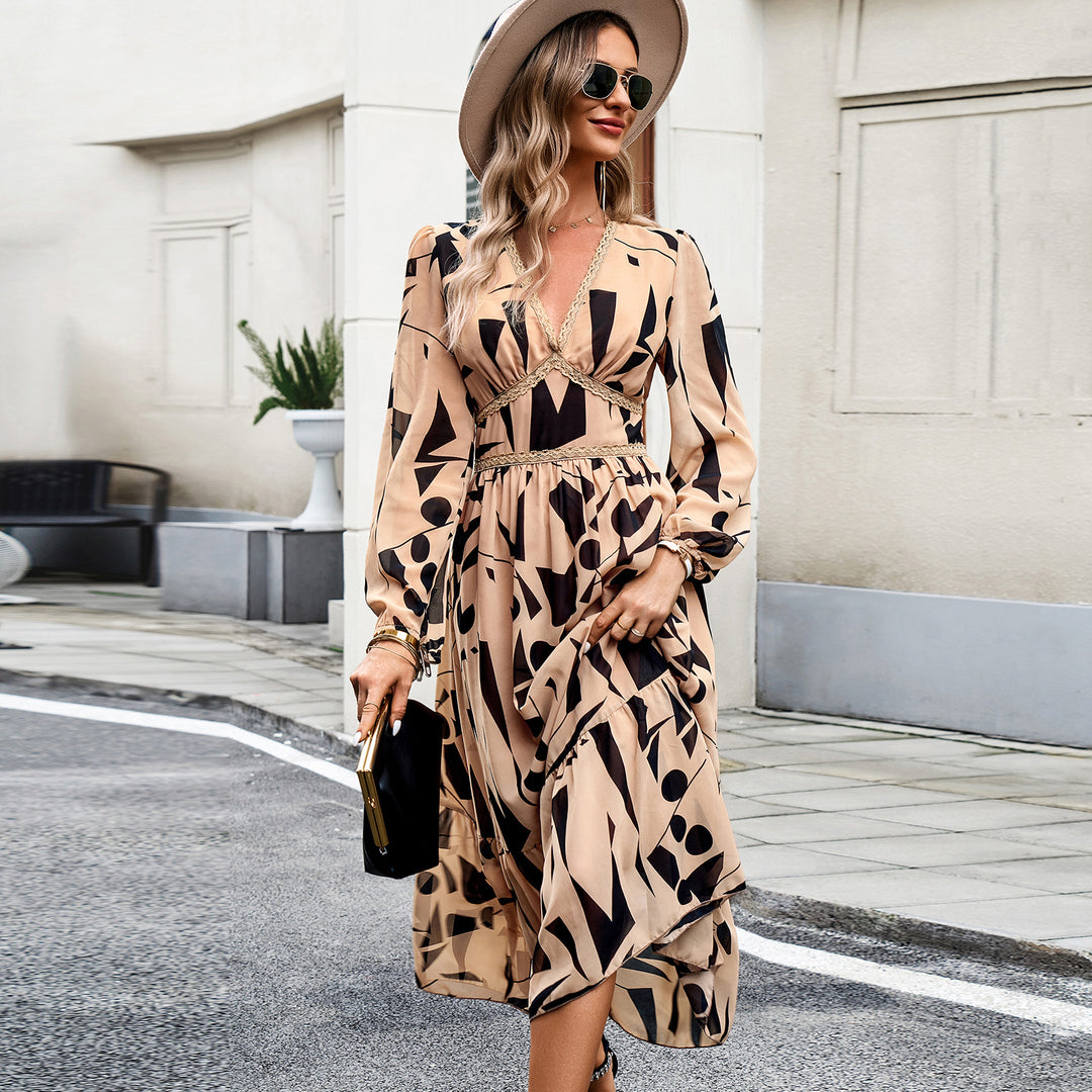 Women's flowing maxi dress with V-neck, gathered empire waist and tiered skirt Mune Fashion