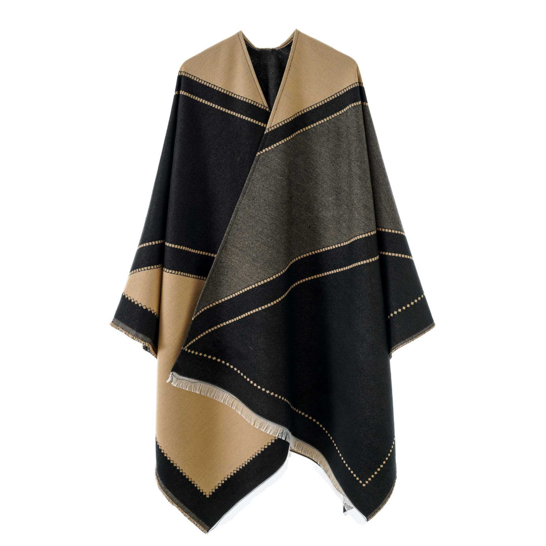 Women's Large Wool Blend Fringe Poncho with Diagonal Contrast Stripes Mune Fashion