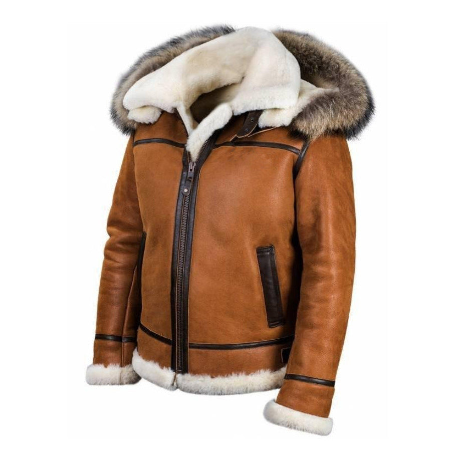 Women's Suede Look Bomber Jacket with Faux Fur Hood and Buckles Mune Fashion