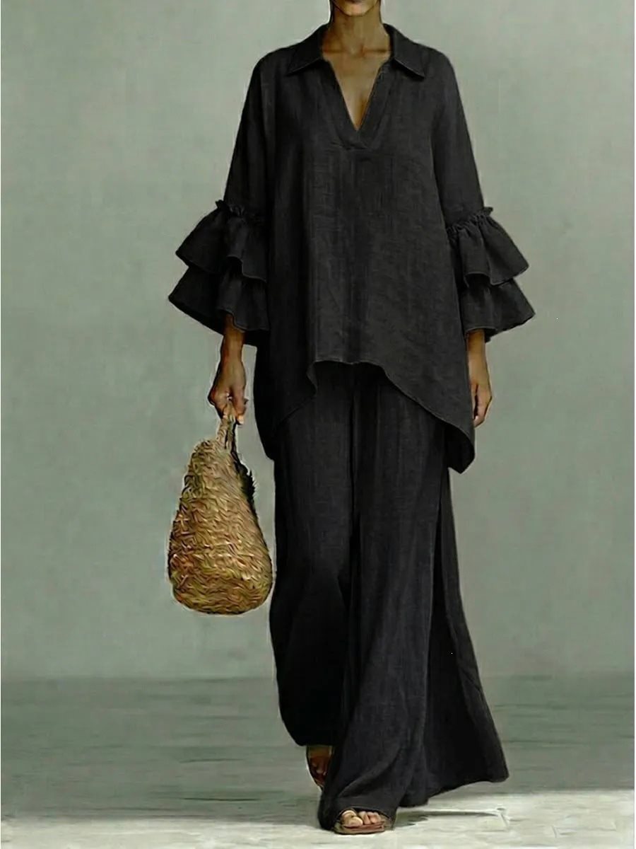 Ladies Linen Loungewear Set with Ruffle Sleeves and Wide Palazzo Pants Mune Fashion