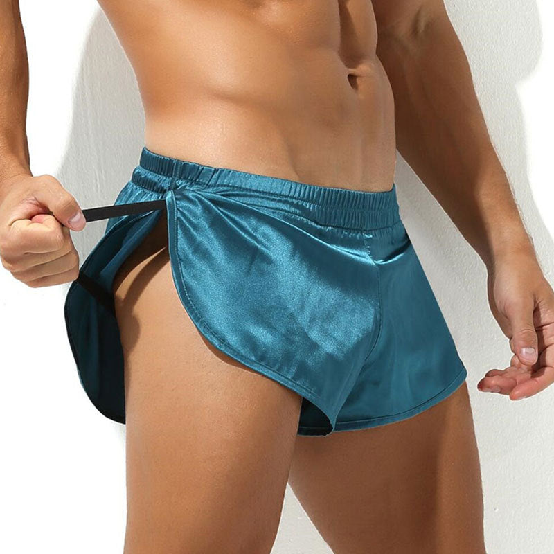 Men's short satin sleep shorts with elastic waistband and side slit Mune Fashion