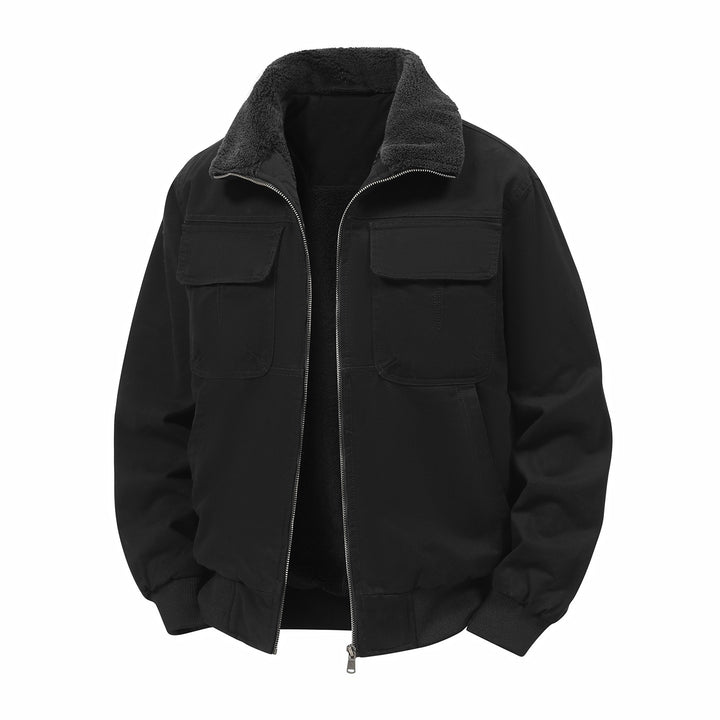 Men's thermo bomber jacket in field style with teddy collar, patch chest pockets & zipper closure