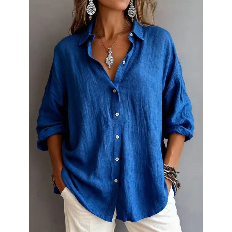Women's Loose Linen Look Shirt with Oversized Cut and Round Hem Mune Fashion
