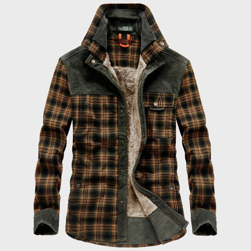 Men's checkered shirt jacket with teddy lining, corduroy trim and high stand-up collar Mune Fashion
