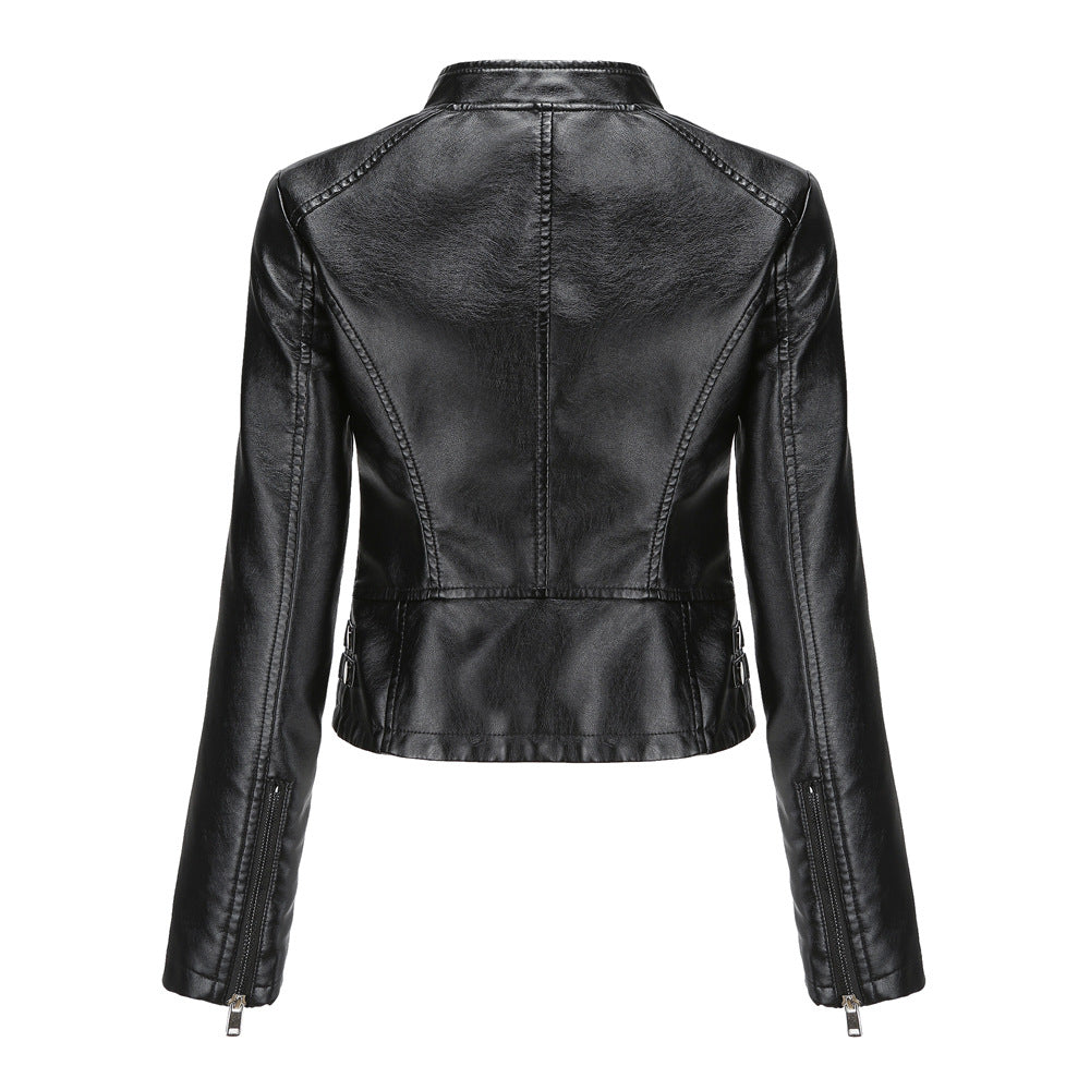 Women's short fitted faux leather jacket with studded detailing and stand-up collar Mune Fashion