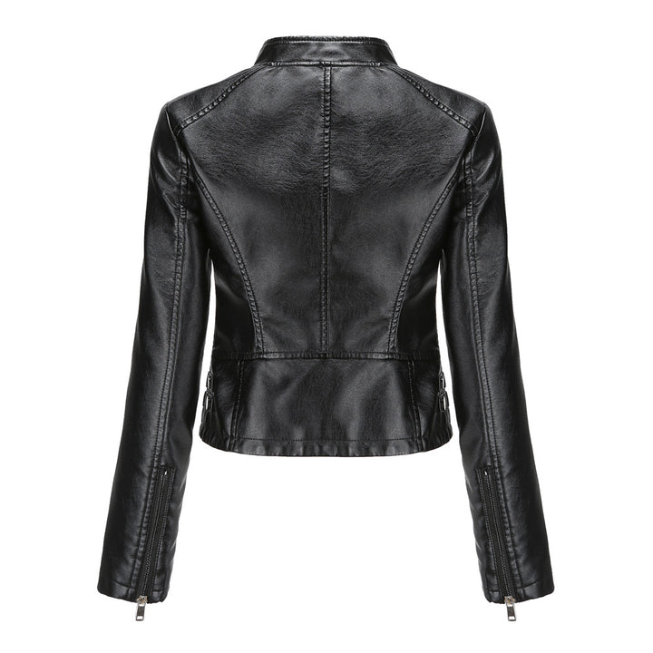 Women's short fitted faux leather jacket with studded detailing and stand-up collar Mune Fashion