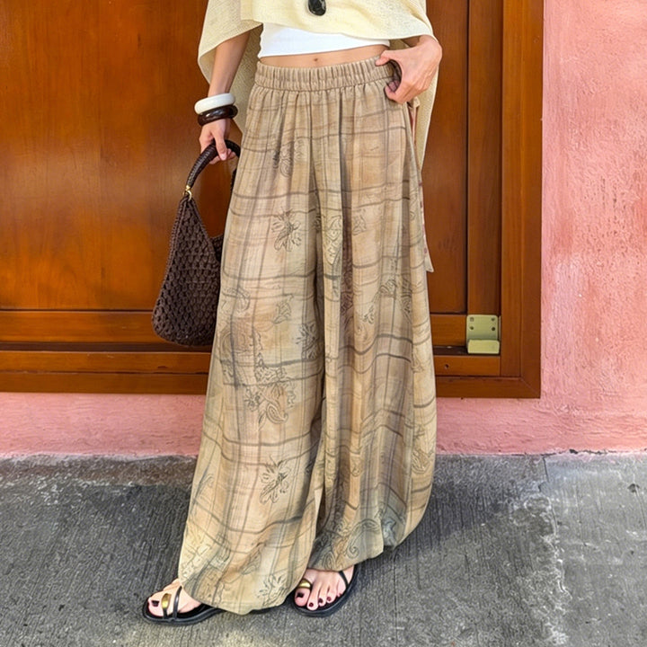 Women's Loose Balloon Pants in Linen Look with Elastic Waistband and Gathered Cuffs Mune Fashion