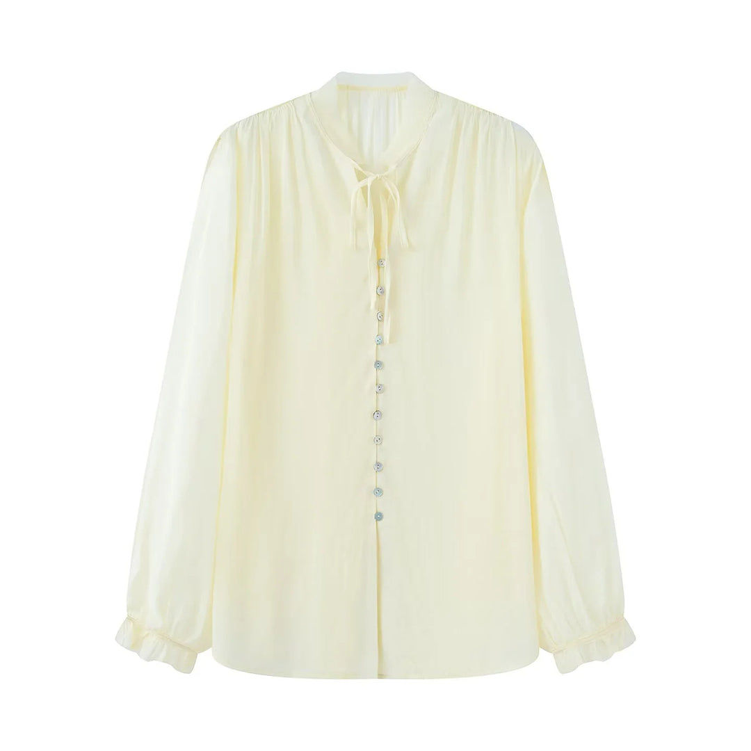 Women's delicate long sleeve blouse with tie ribbon at the neck and fine button placket Mune Fashion