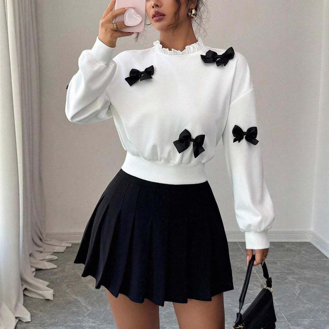 Women Cropped Sweatshirt with Ruffled Collar, Balloon Sleeves and Decorative Bow Details