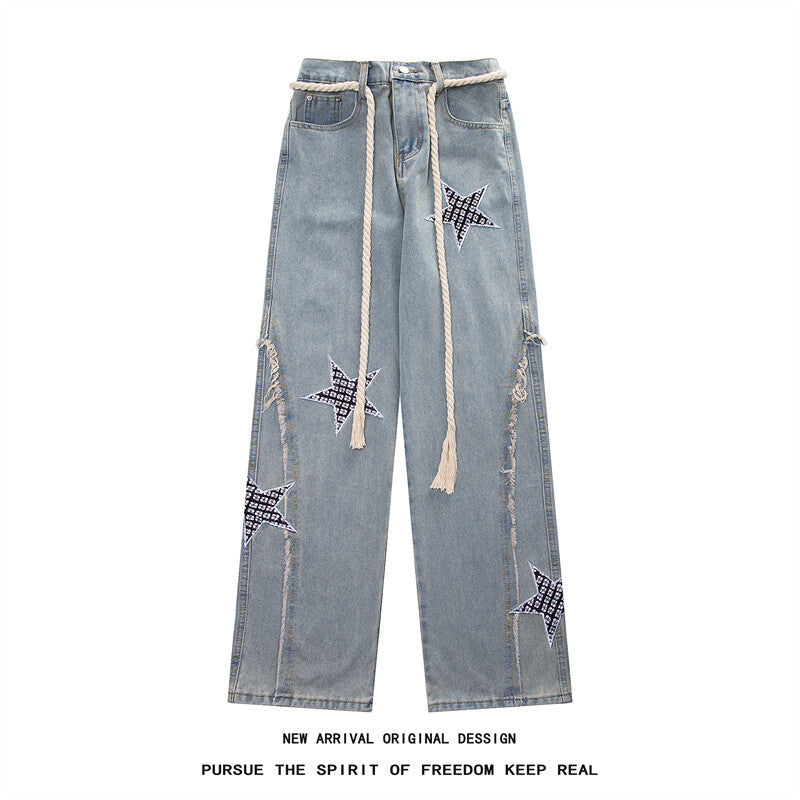 Women Wide High-Waist Denim Pants with Star Applications, Fringe Side Slits and Drawstring Waist Mune Fashion