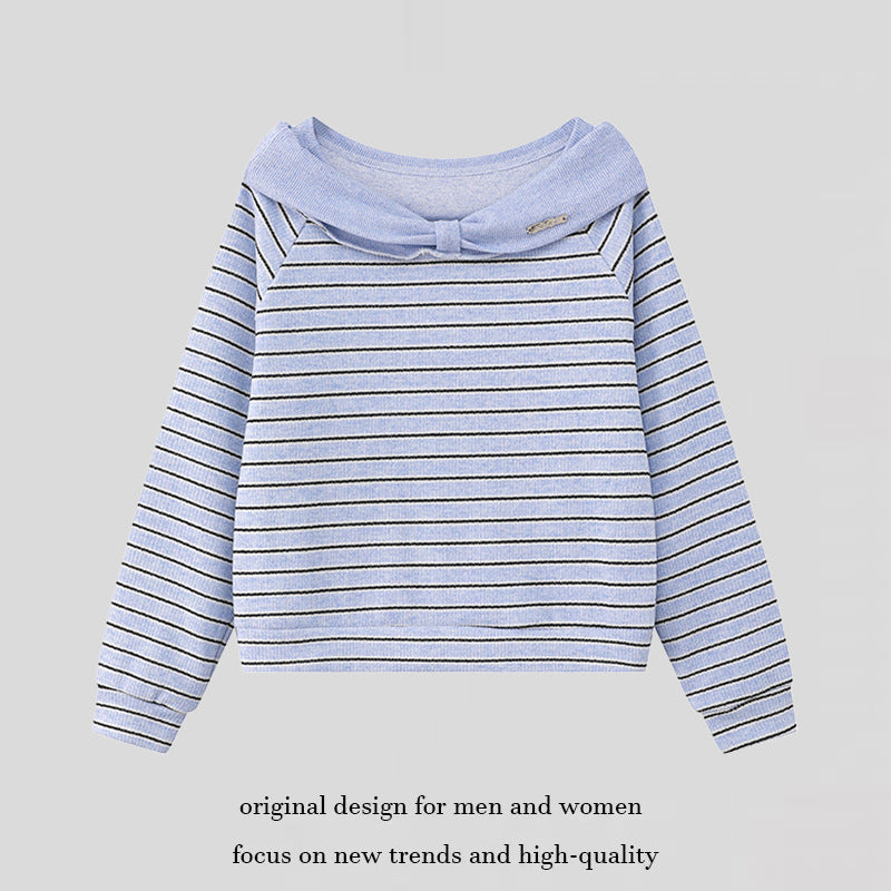 Women's Knitted Short Sweater with Off-Shoulder Cut, Bow Detail and Horizontal Striped Pattern Mune Fashion