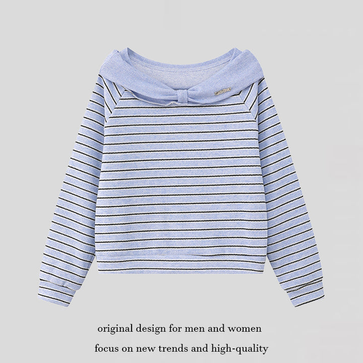 Women's Knitted Short Sweater with Off-Shoulder Cut, Bow Detail and Horizontal Striped Pattern Mune Fashion
