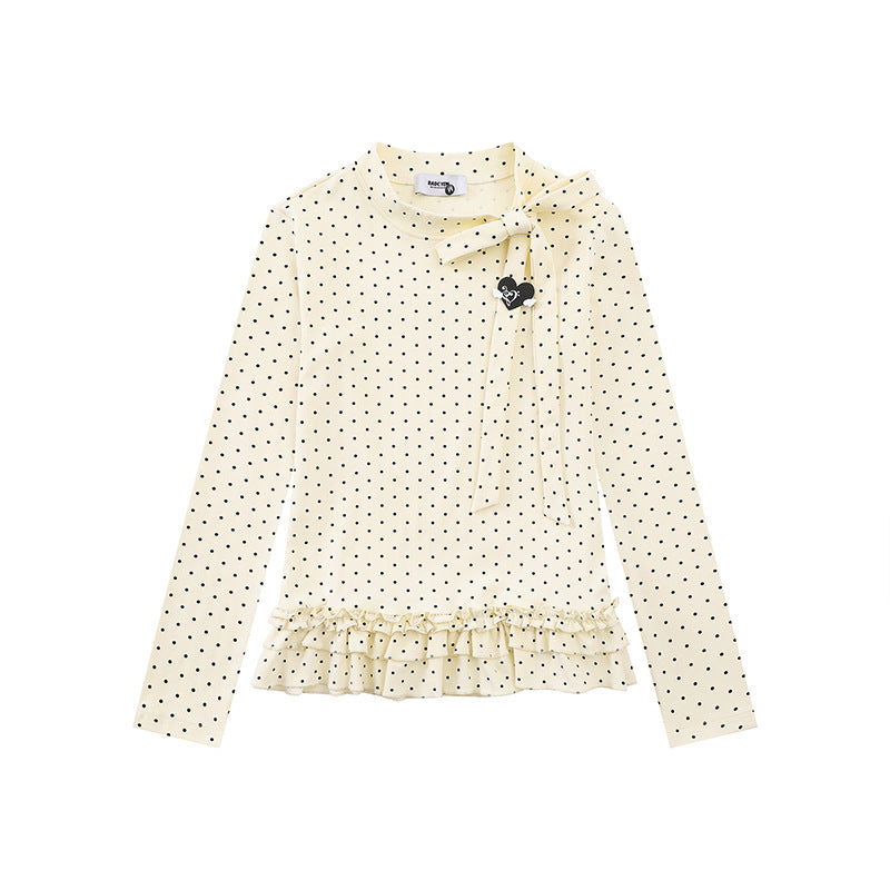 Women's long sleeve top with bow collar, polka dot print and double ruffle hem