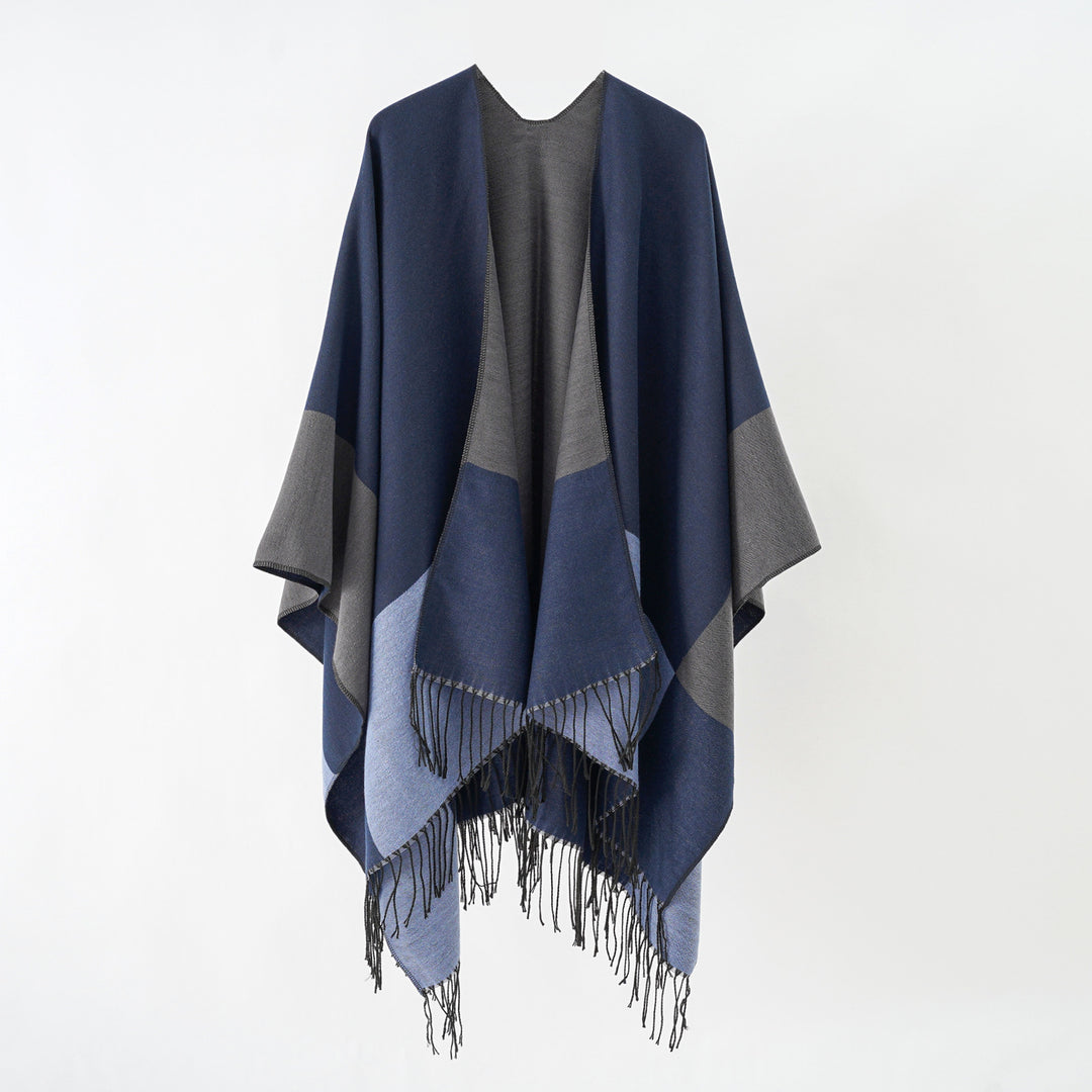 Women's Oversize Ruana made from wool blend with color block design and fringes Mune Fashion