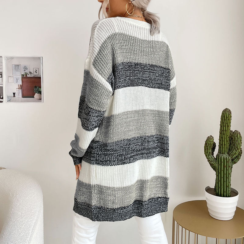 Women's Longline Knit Cardigan with Wide Block Stripes, Open Front and Dropped Shoulders Mune Fashion