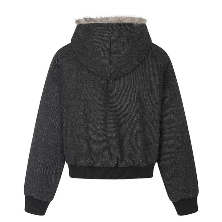 Women's hooded bomber jacket with faux fur lining, asymmetrical multi-button placket, and ribbed hem Mune Fashion