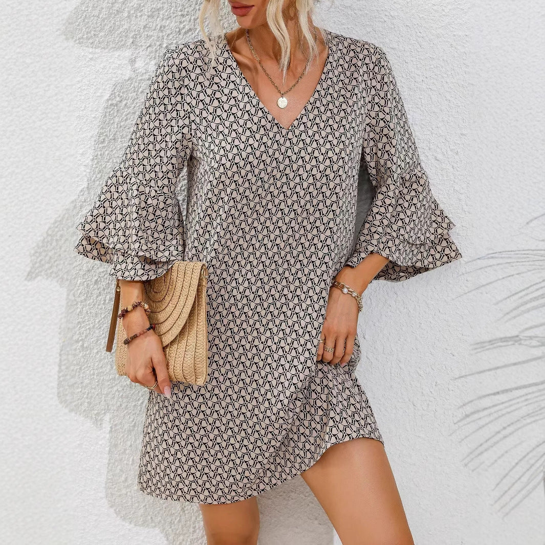 Women's flowing tunic mini dress with V-neck graphic chain pattern and double-layered bell sleeves Mune Fashion