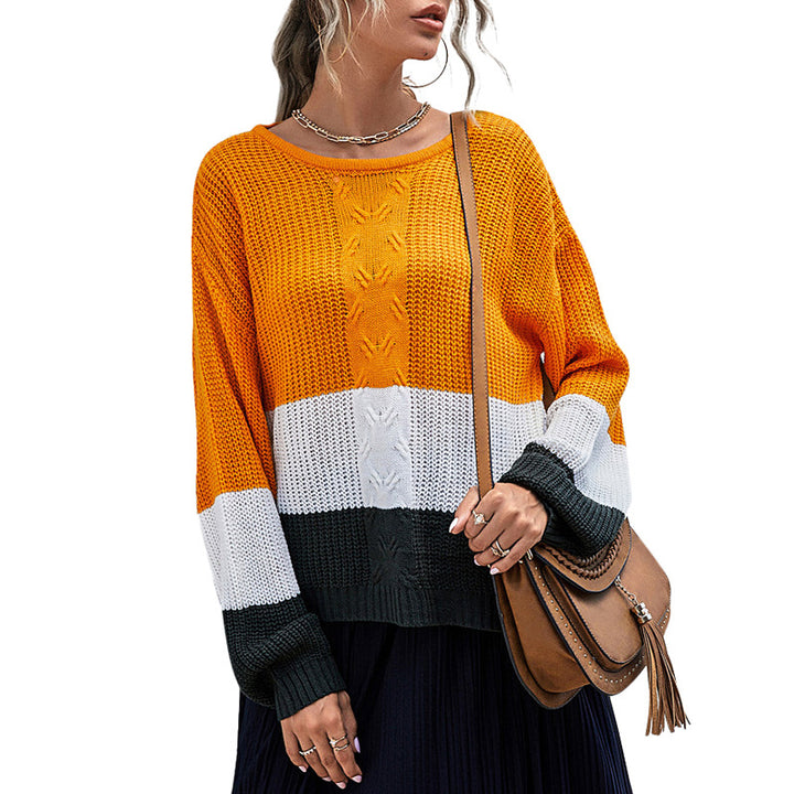 Women's Colorblock Slouchy Knit Sweater with Cable Mix and Drop Shoulder Mune Fashion