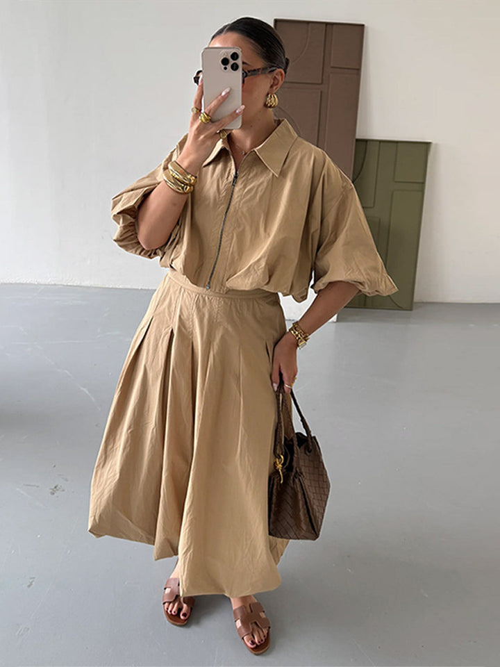 Women Tailored A-Line Midi Skirt with Pleats & High Waist Mune Fashion