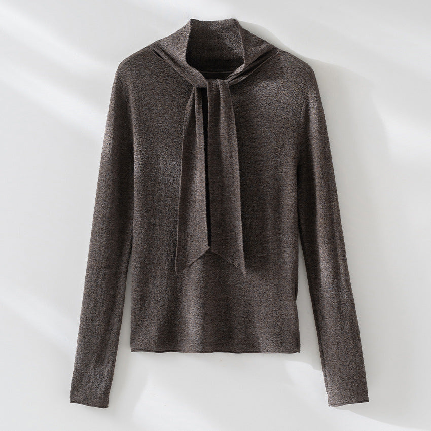 Women's fine knit pullover with asymmetrical tubular collar and draped scarf section Mune Fashion