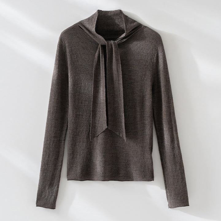 Women's fine knit pullover with asymmetrical tubular collar and draped scarf section Mune Fashion