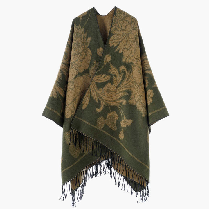 Women Reversible Knitted Cape-Poncho with Fringes and Contrasting Stripes Mune Fashion
