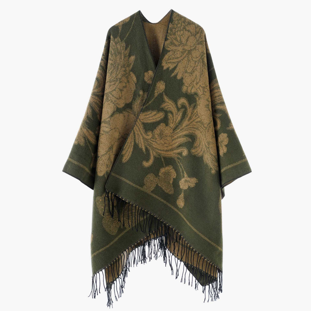 Women's Large Wool Blend Fringe Poncho with Diagonal Contrast Stripes Mune Fashion