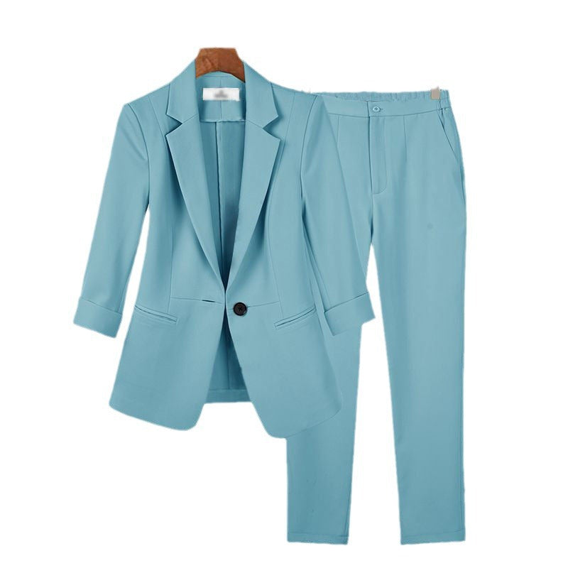 Women's slim two-piece business blazer with roll-up 3/4 sleeves and high-cut tapered pants Mune Fashion