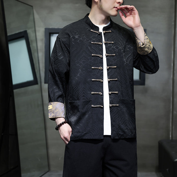 Men's traditional Tang jacket with Chinese knot closure and brocade sleeves Mune Fashion