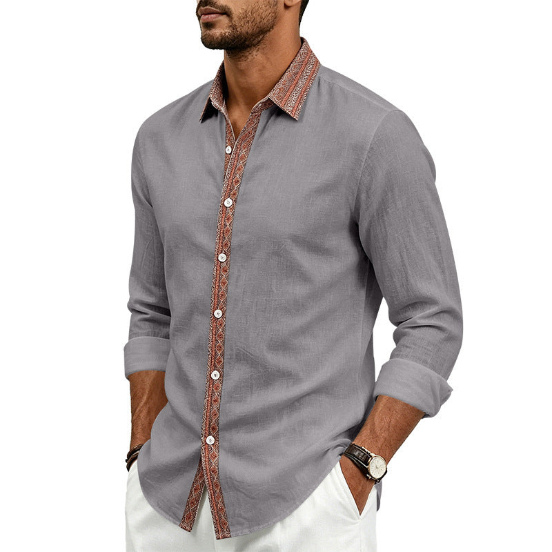 Men's Linen Look Shirt with Contrasted Ethno Trim and Continuous Button Placket Mune Fashion