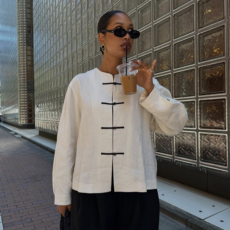 Women's Boxy Linen Blouse with Toggle Closures and Asymmetric Hem Mune Fashion
