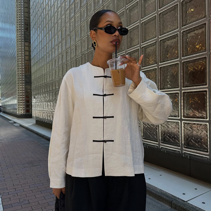 Women's Boxy Linen Blouse with Toggle Closures and Asymmetric Hem Mune Fashion