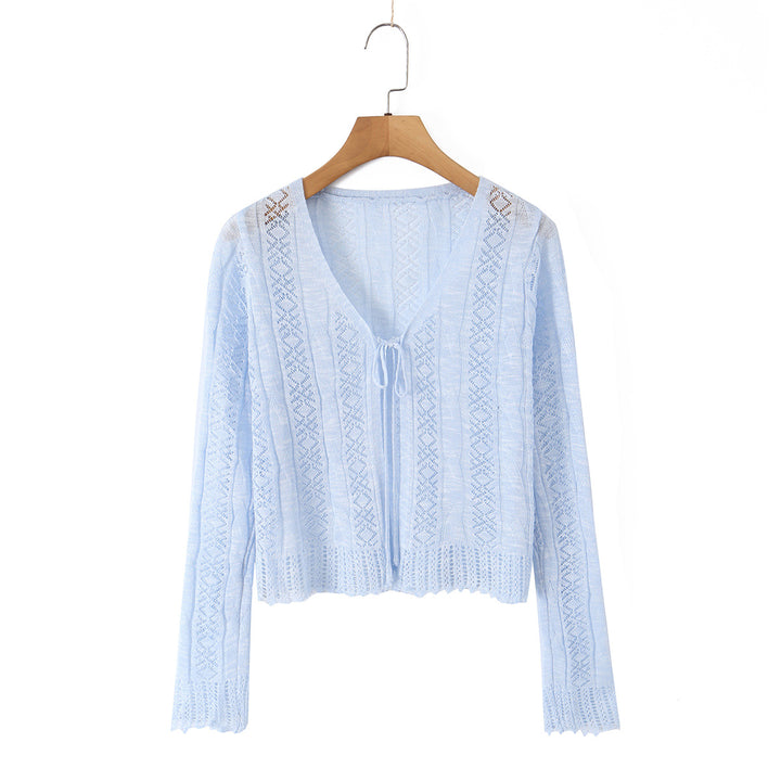 Women's Lightweight Crocheted Short Cardigan with V-Neck, Tie Band and Lace Pattern Mune Fashion
