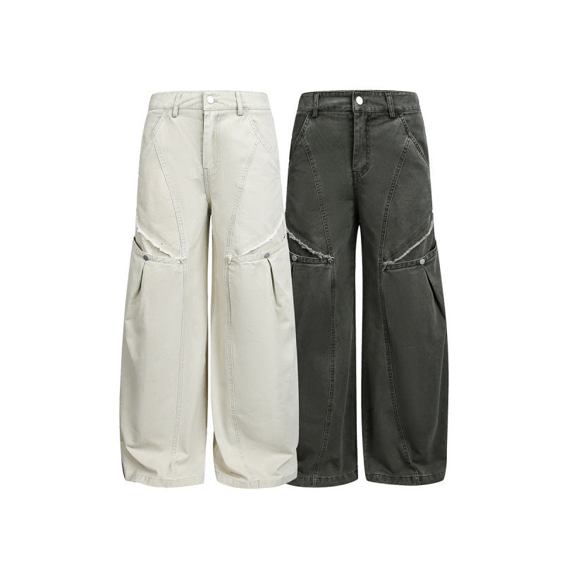 Women's Wide Balloon Cargo Pants with High Waist, Large Flap Pockets and Visible Stitching Details Mune Fashion