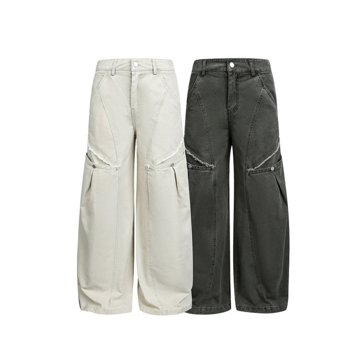 Women's Wide Balloon Cargo Pants with High Waist, Large Flap Pockets and Visible Stitching Details Mune Fashion