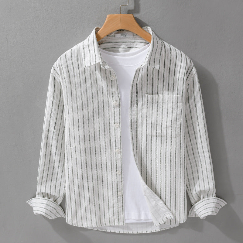 Men's Lightweight Striped Long Sleeve Shirt with Chest Pocket and Relaxed Fit Mune Fashion