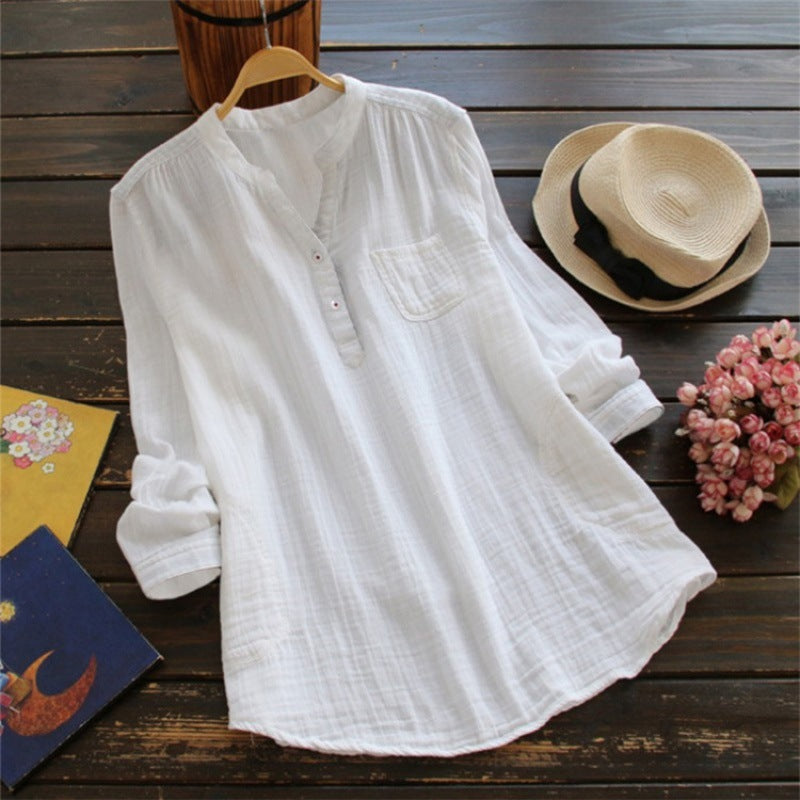 Women's loosely falling cotton tunic with stand-up collar and chest pocket Mune Fashion
