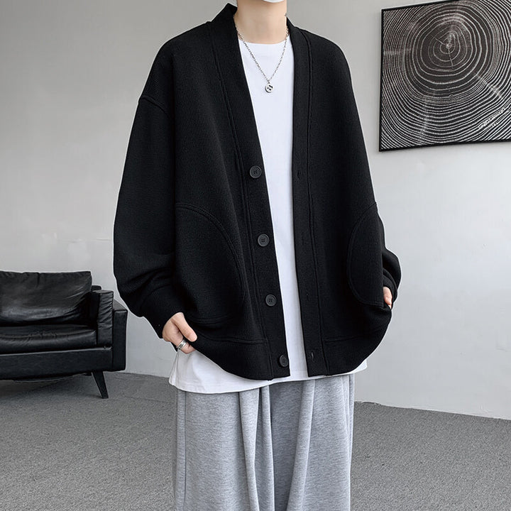 Men's oversized knit cardigan with V-neck, patch round pockets and casual drop shoulder silhouette Mune Fashion