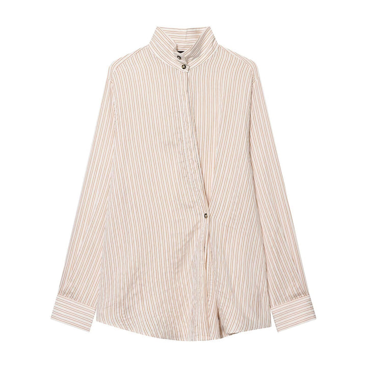Women's oversized blouse with stand-up collar, concealed button placket, and fine stripe pattern Mune Fashion