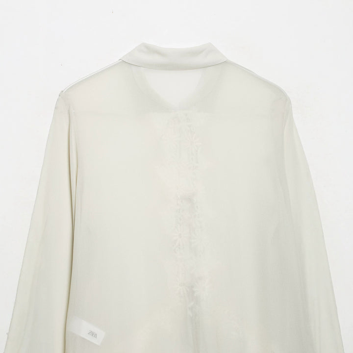 Women Romantic Chiffon Blouse with Lace Application, Ruffle Hem and Ties Mune Fashion