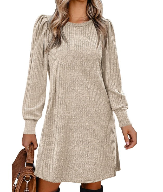 Women's knitted A-line knit dress with puff sleeves Mune Fashion