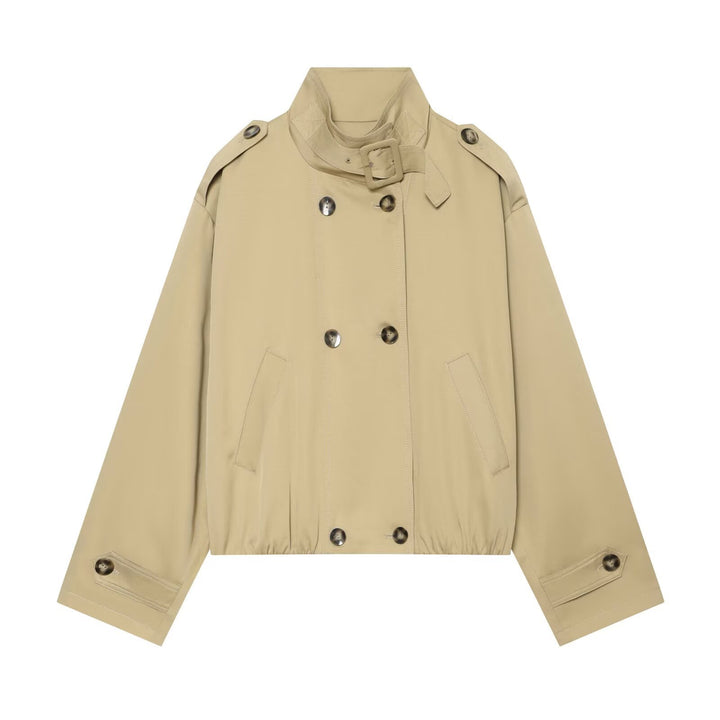 Women's short double-breasted trench bomber jacket with stand-up collar, tab, and elastic hem Mune Fashion